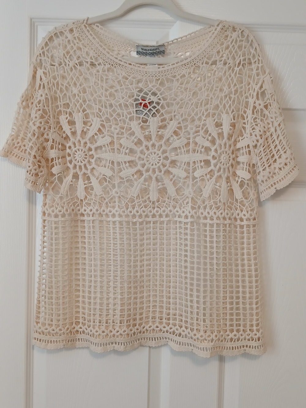 Cost Plus World Market Cream Crochet Floral Short Sleeve Top